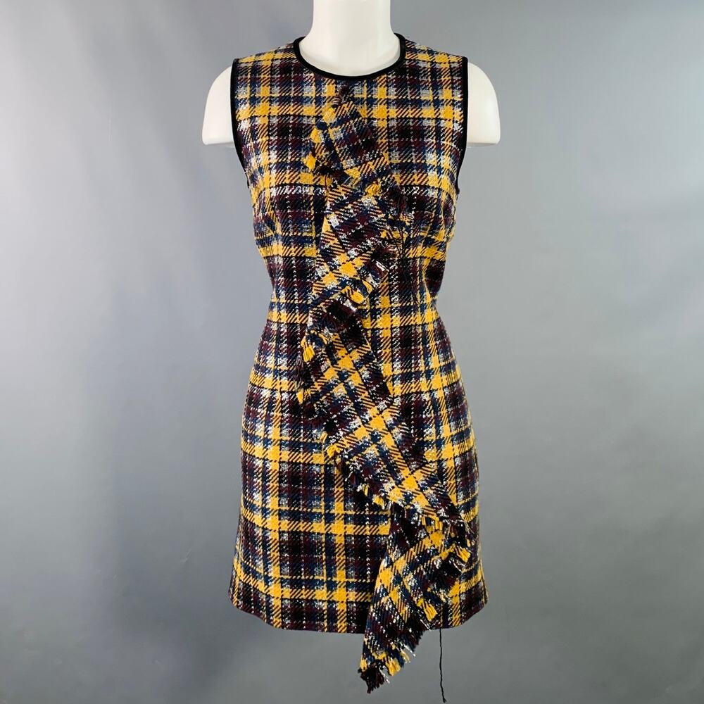 MSGM Size 8 Yellow Black Silver Wool Blend Plaid Ruffle Mini Dress